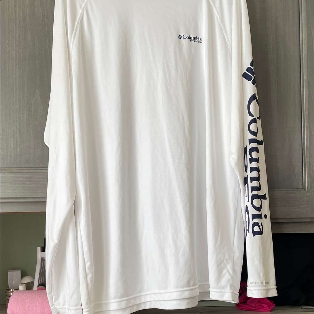 Columbia White Long Sleeve Logo Tee with Navy Sleeve Print